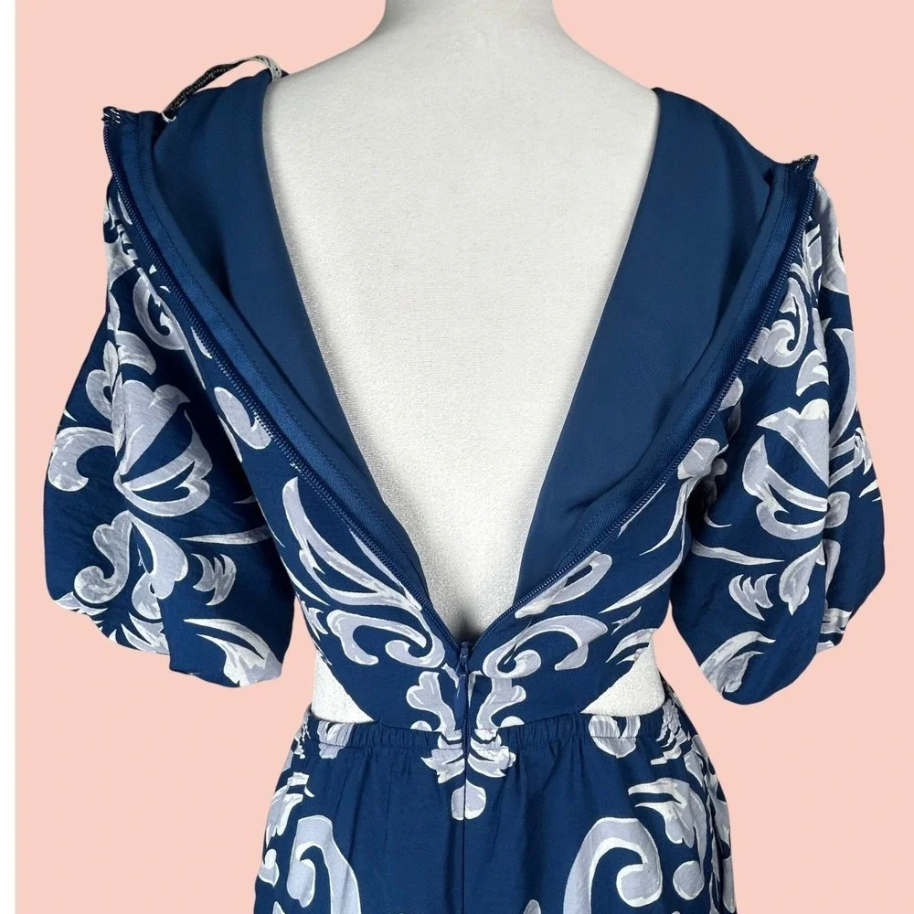 Abercrombie & Fitch Dress XS Blue Waist Cutout Damask Puff Sleeve Maxi Midi Boho